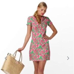 LILLY PULITZER Pink & Green Floral Print Short Sleeve Polo Tshirt Dress Size S